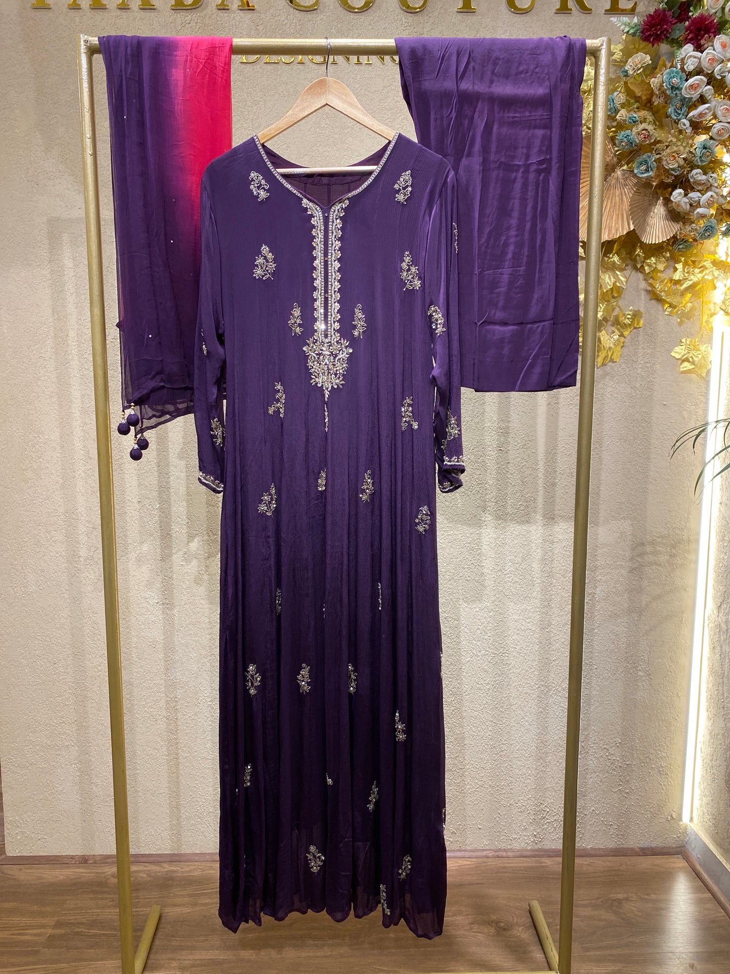 Purple Panelcut Gown 3Pc