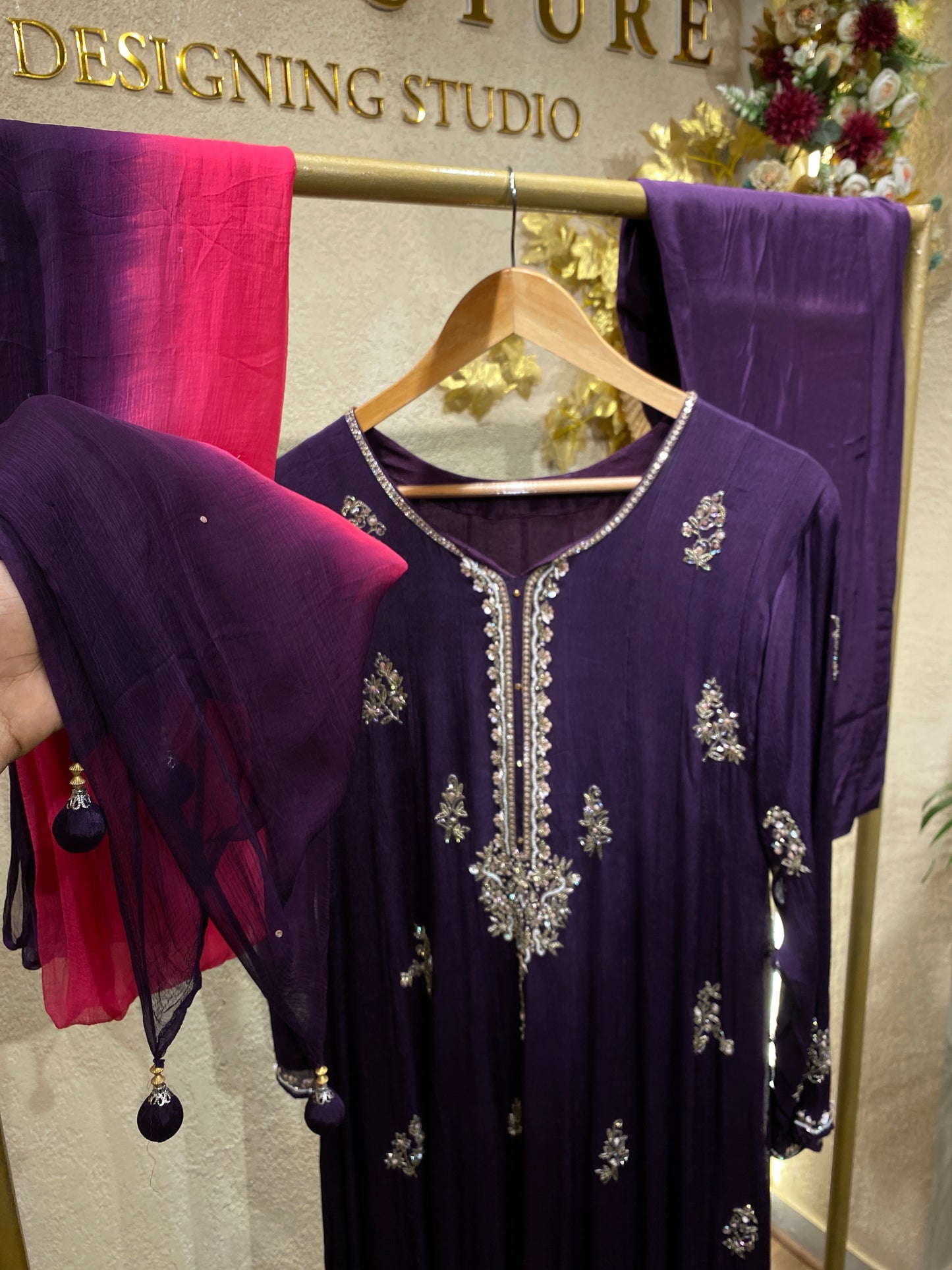 Purple Panelcut Gown 3Pc